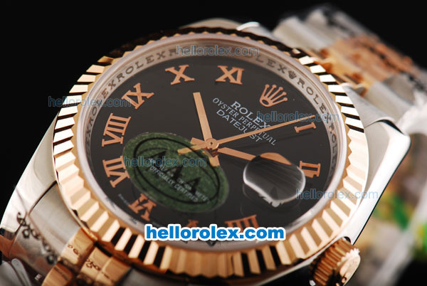 Rolex Datejust Swiss ETA 2836 Automatic Movement Two Tone with Black Dial and Rose Gold Roman Numeral Markers - Click Image to Close